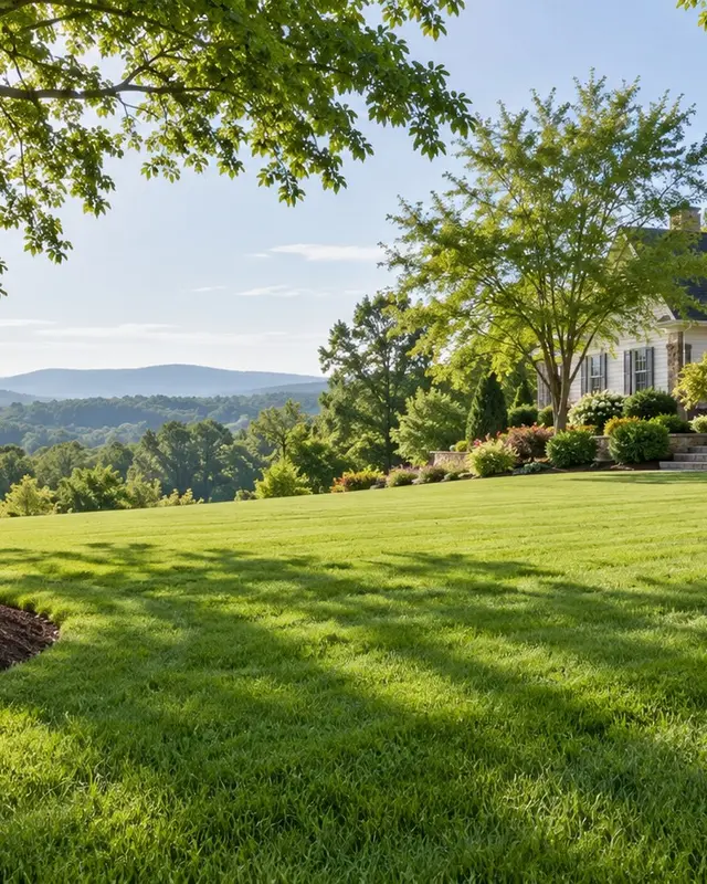 Neat Virginia lawn and mulched beds under mature trees