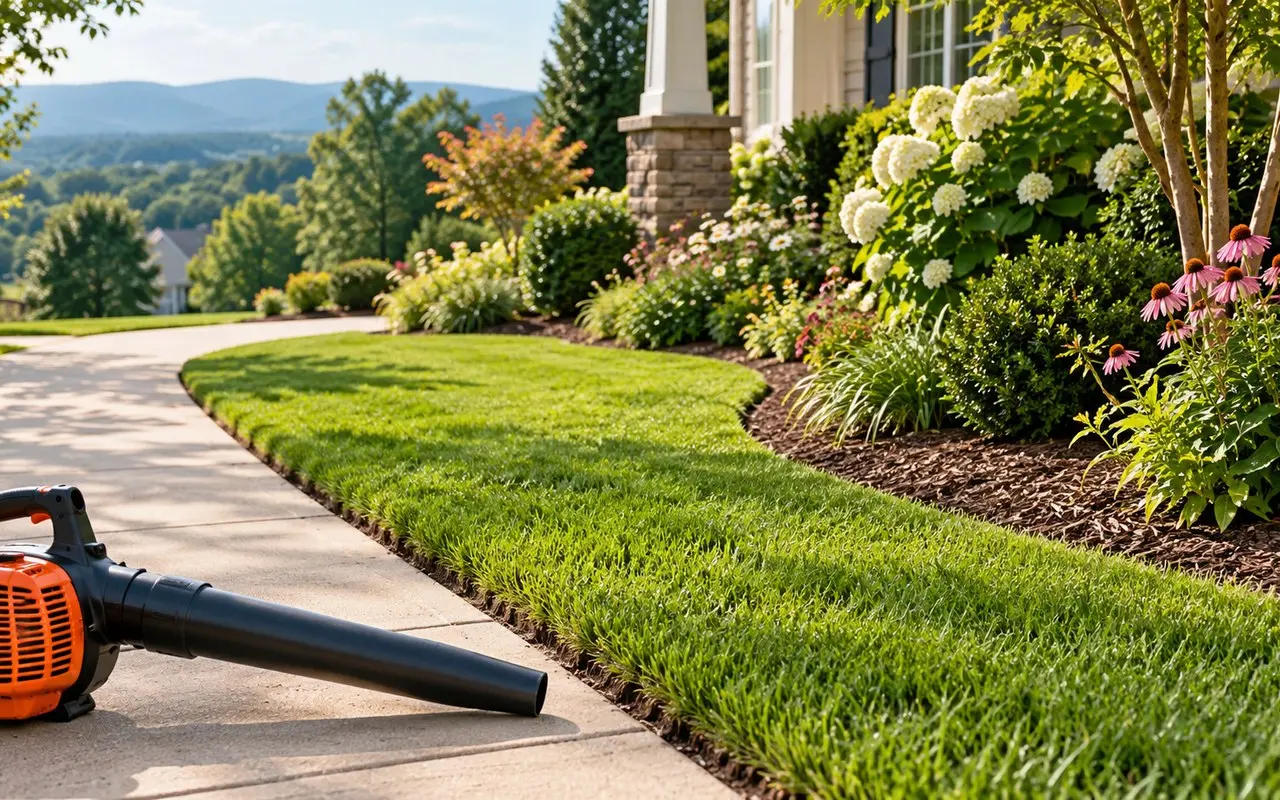 Crisp lawn edge beside a walk with unbranded blower
