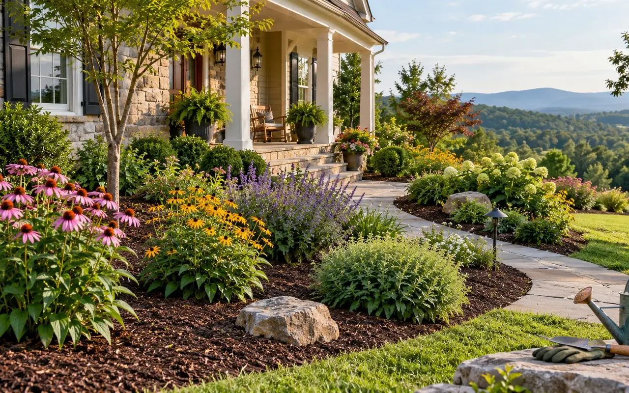 Weed-free flower bed with native plants at a Virginia home