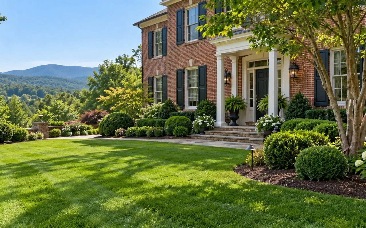 Trimmed shrubs and maintained landscape at a Virginia home
