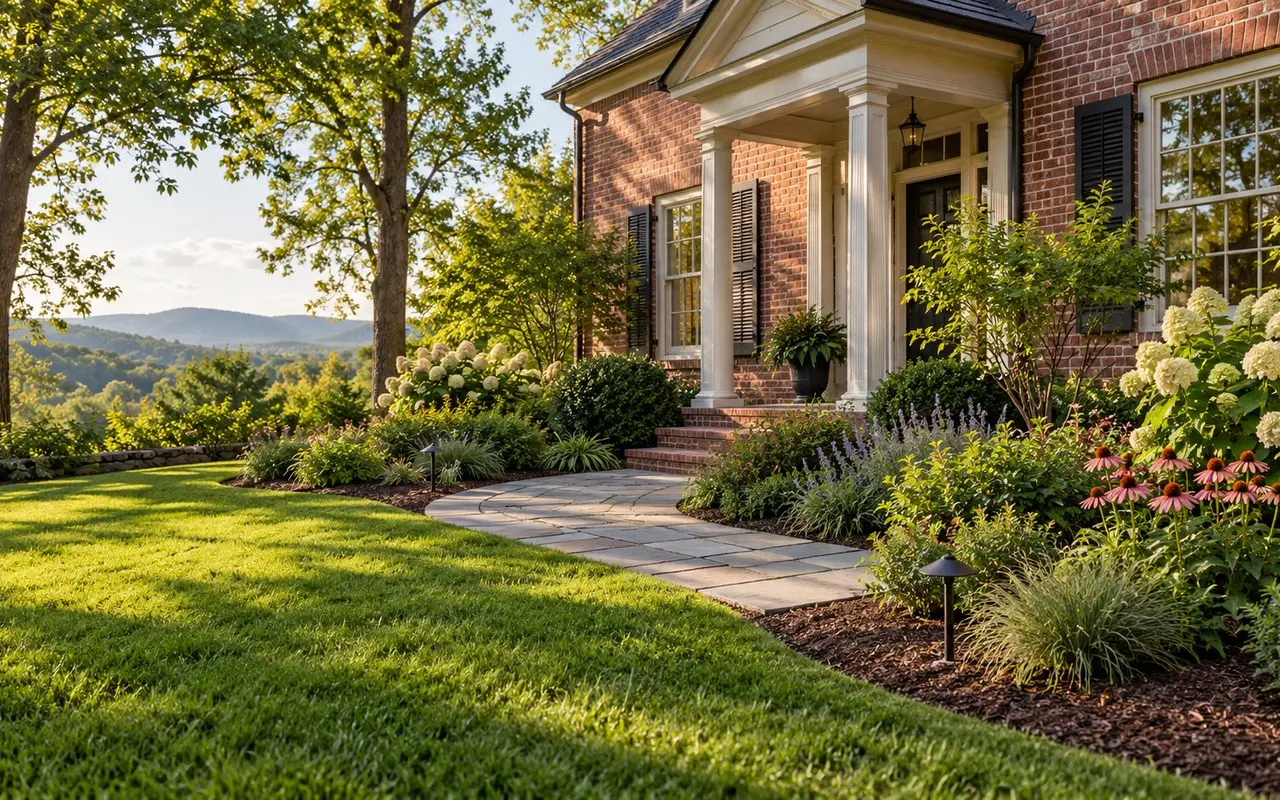 Freshly planted and mulched beds around a Central Virginia home