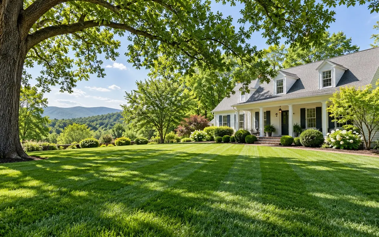 Green residential lawn with tidy borders in Central Virginia
