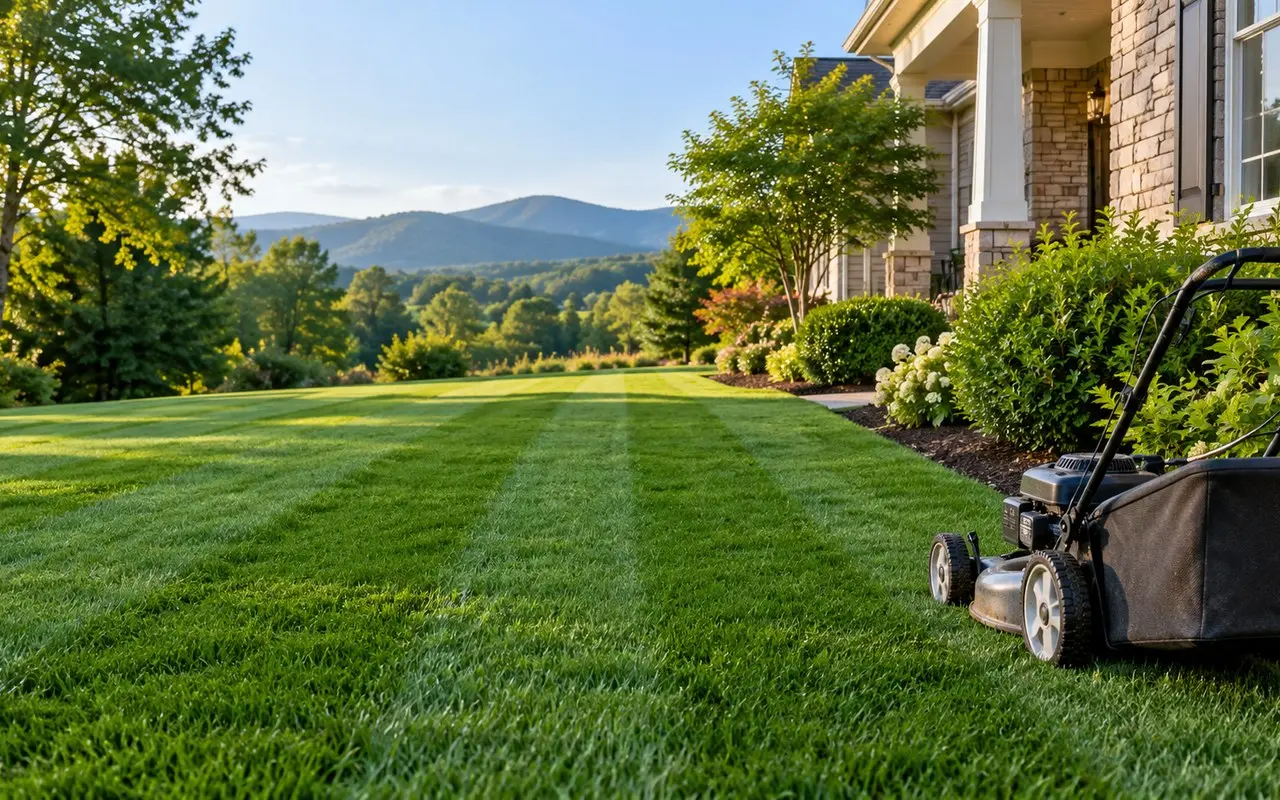 Freshly mowed lawn with unbranded push mower nearby