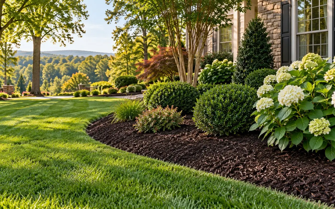 Fresh dark mulch around shrubs at a Virginia residence