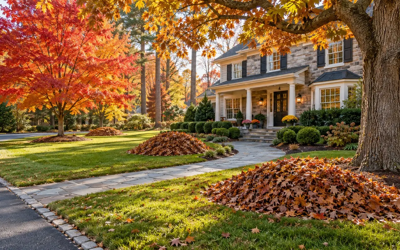 Clean autumn lawn and gathered leaves in Central Virginia