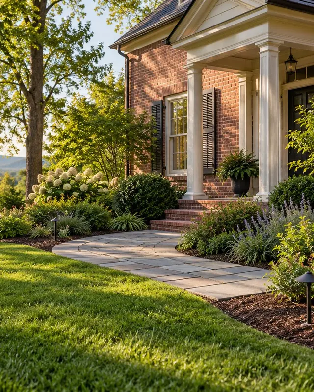 Mulched planting beds and neatly maintained lawn at a Virginia home