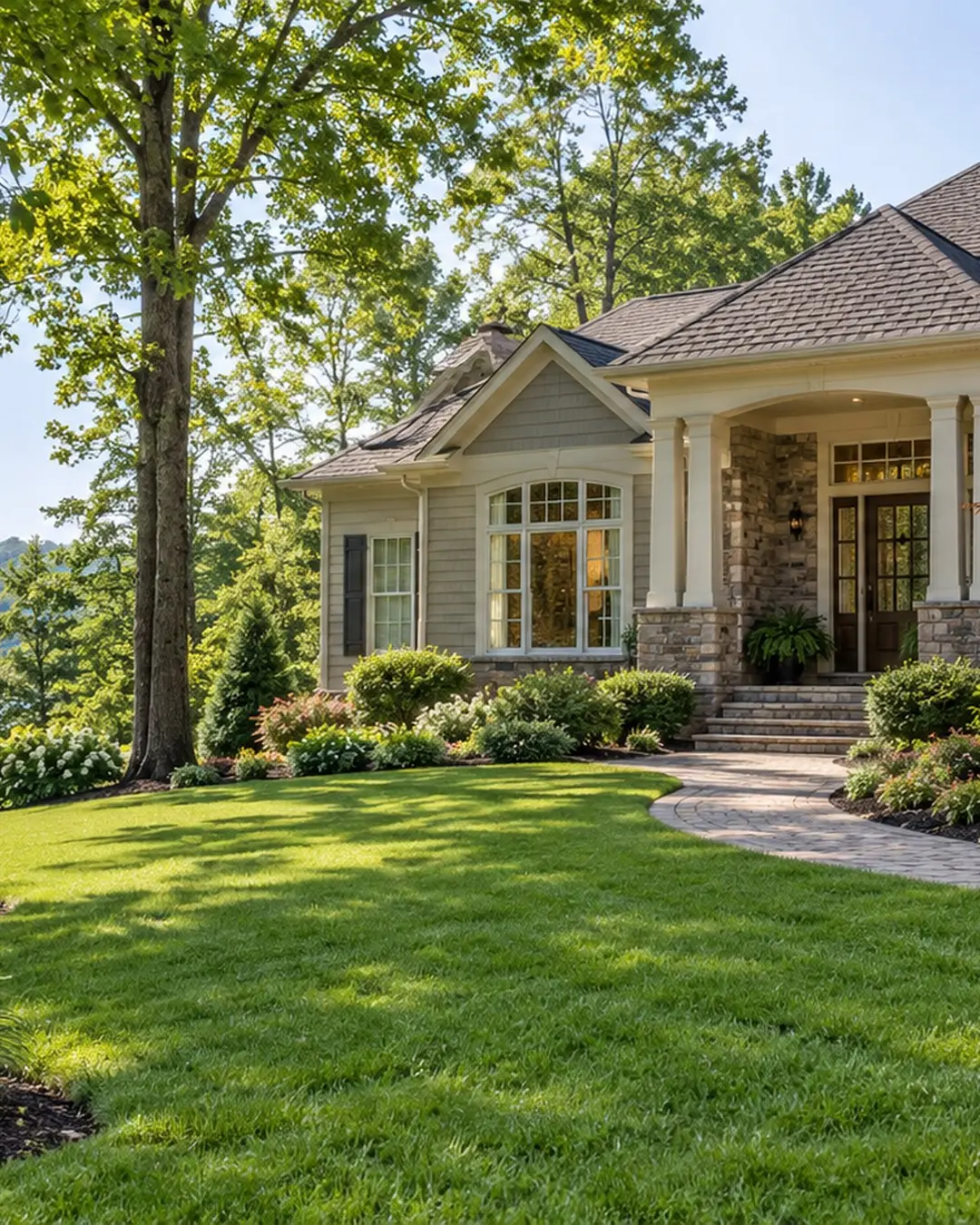 Green residential lawn among trees near Lake Monticello