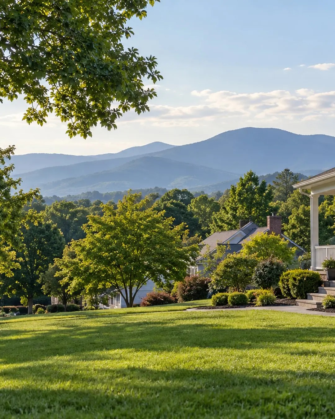 Tree-lined residential lawn with Blue Ridge mountains beyond Waynesboro