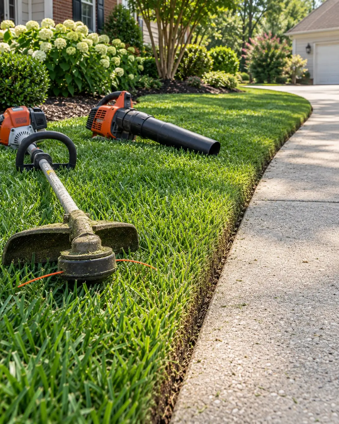 String trimmer and blower near a neat driveway edge