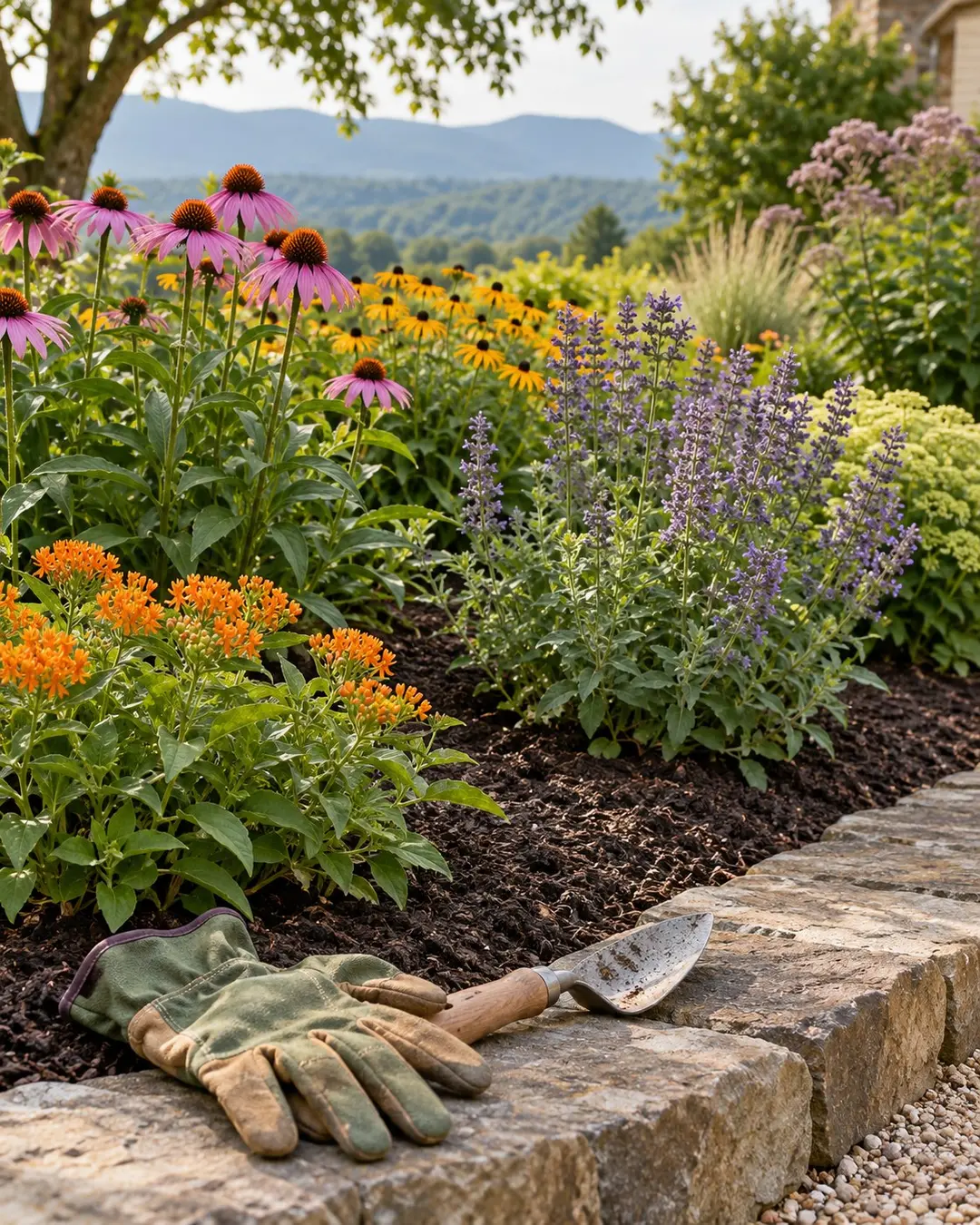 Gardening tools beside a clean perennial bed