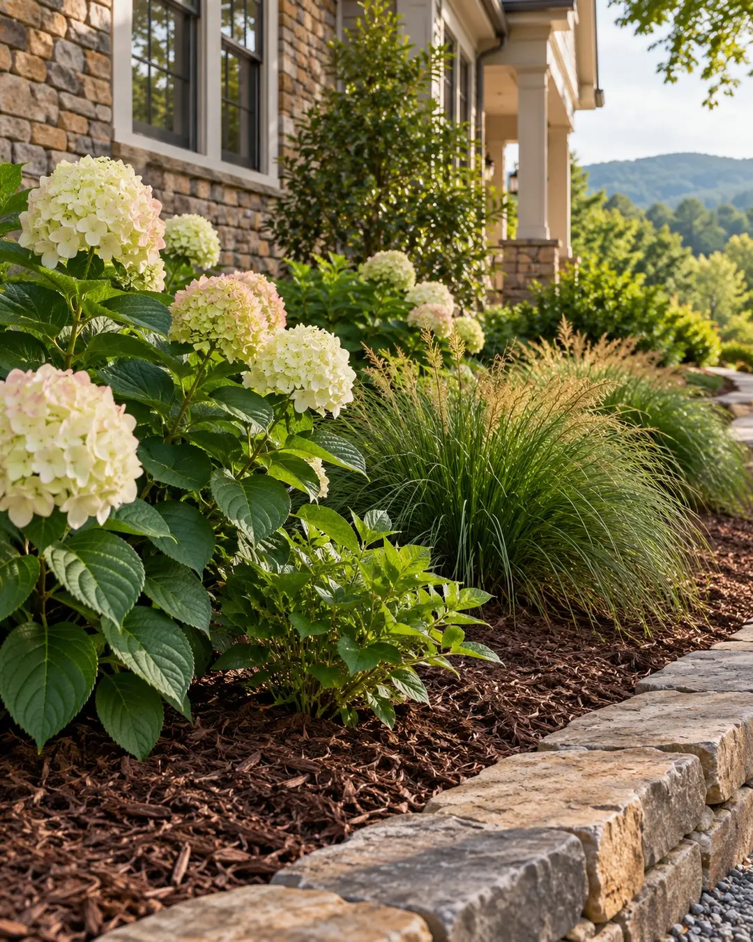 Close view of ornamental plants, mulch and stone bed edge