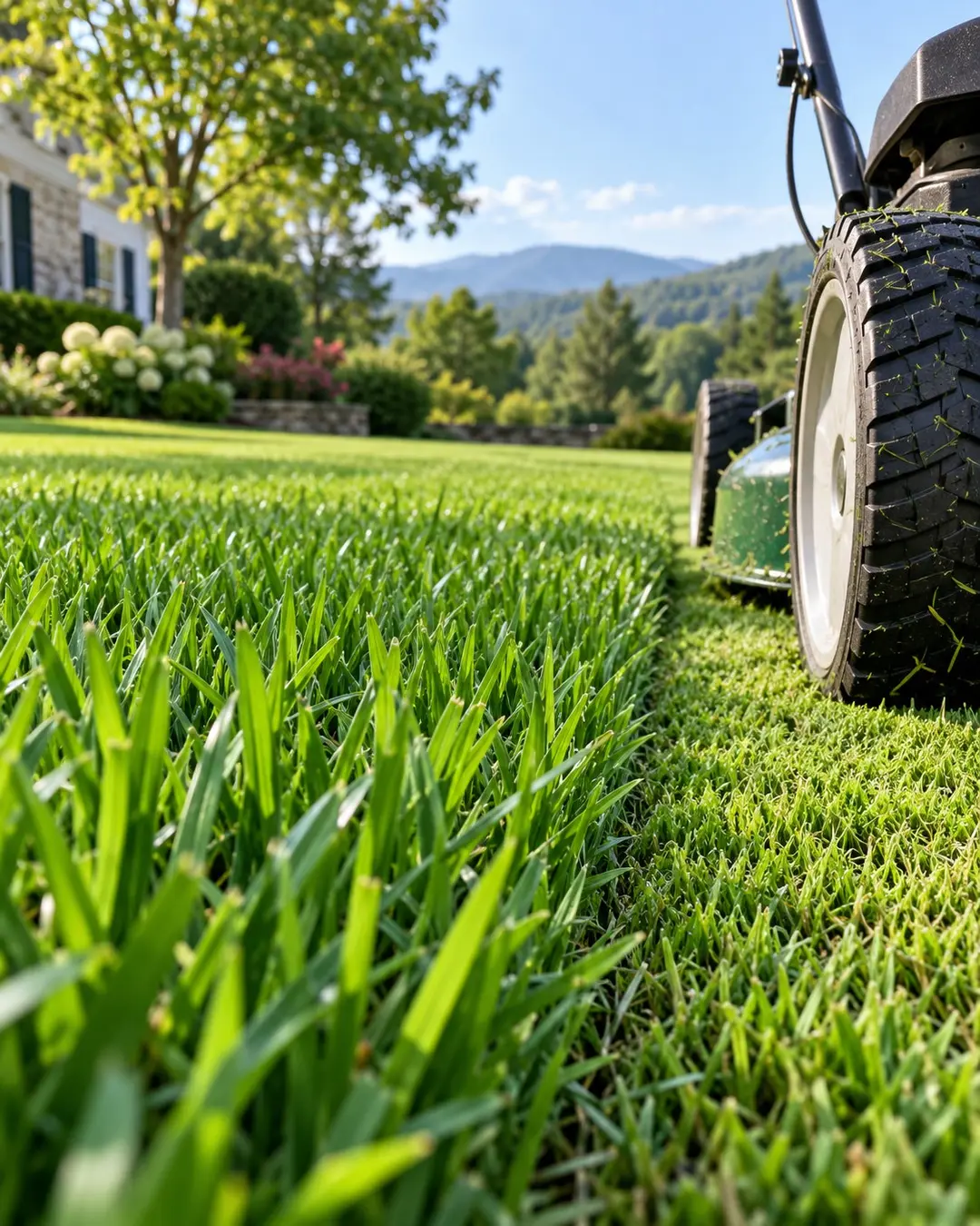 Close view of trimmed grass edge and lawn equipment