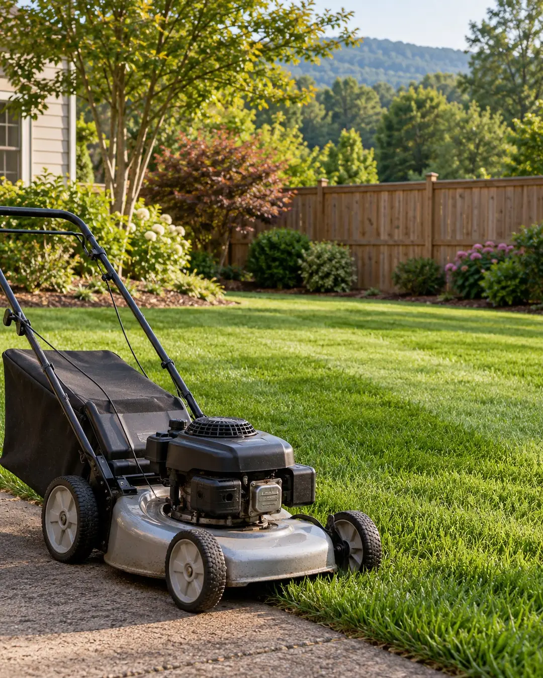 Unbranded mower beside a cut residential lawn