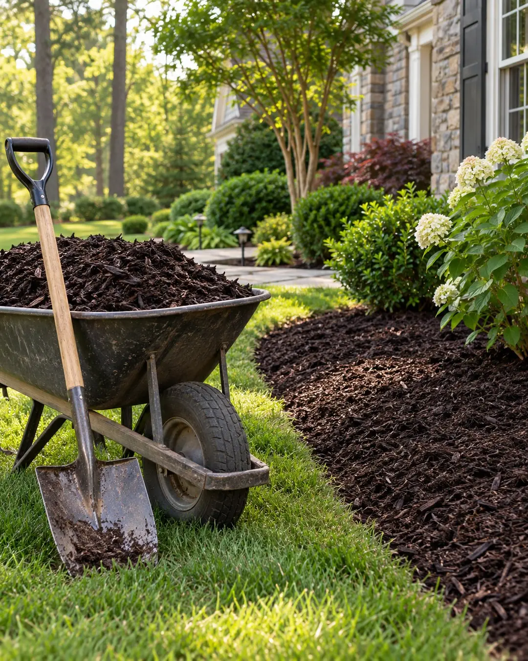 Wheelbarrow and shovel of mulch beside a garden bed