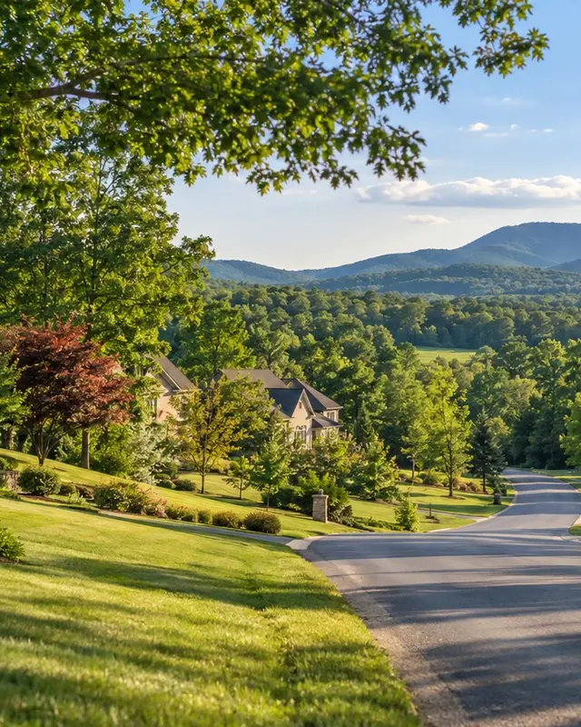 Tree-lined neighborhood lawn north of Charlottesville