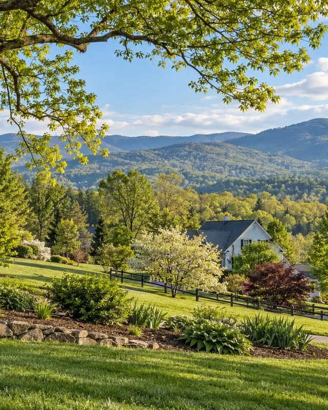 Green lawn and Blue Ridge foothills near western Albemarle