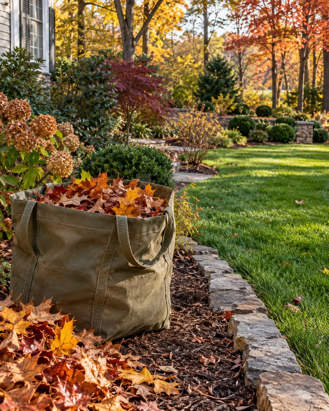 Autumn leaves collected beside a cleared garden bed