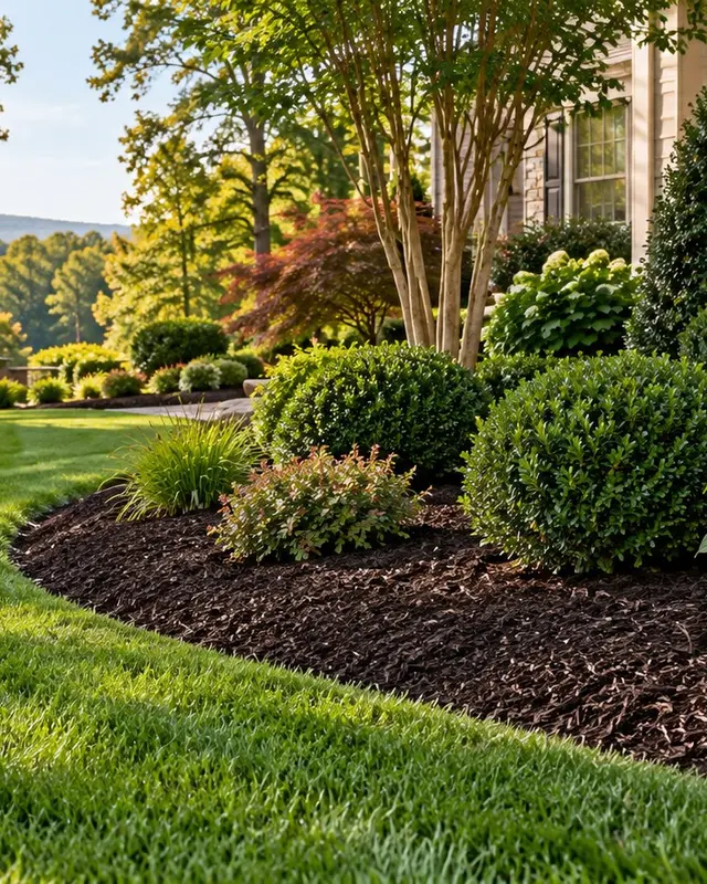 Neat lawn edge and planted bed beside a Virginia home