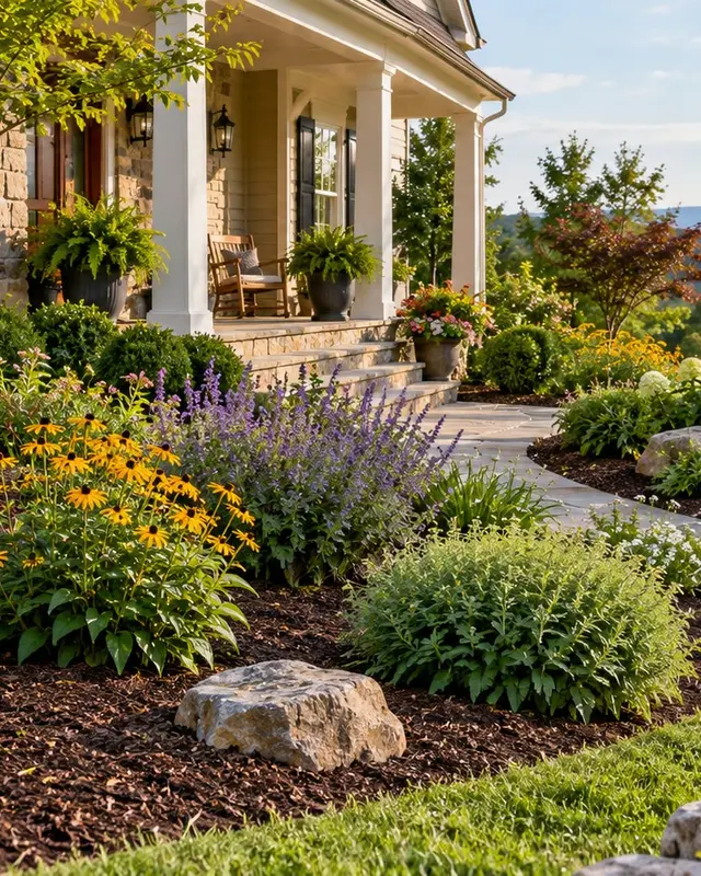 Established garden bed and neat lawn beside a Virginia house